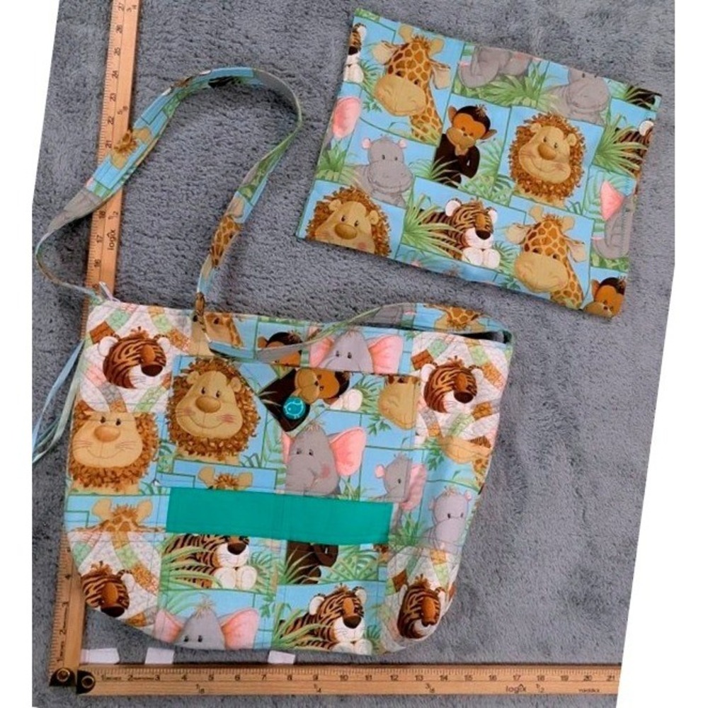 Handmade Quilted Jungle Safari Tote w/ Matching Fabric Insert By Nora Susor